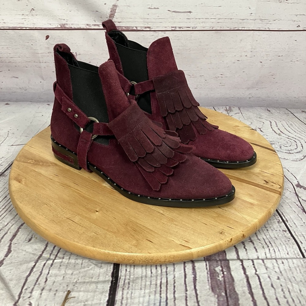 Freda Salvador Suede Fringe Harness‎ Ankle Boots Burgundy Made Spain Womens Sz 8